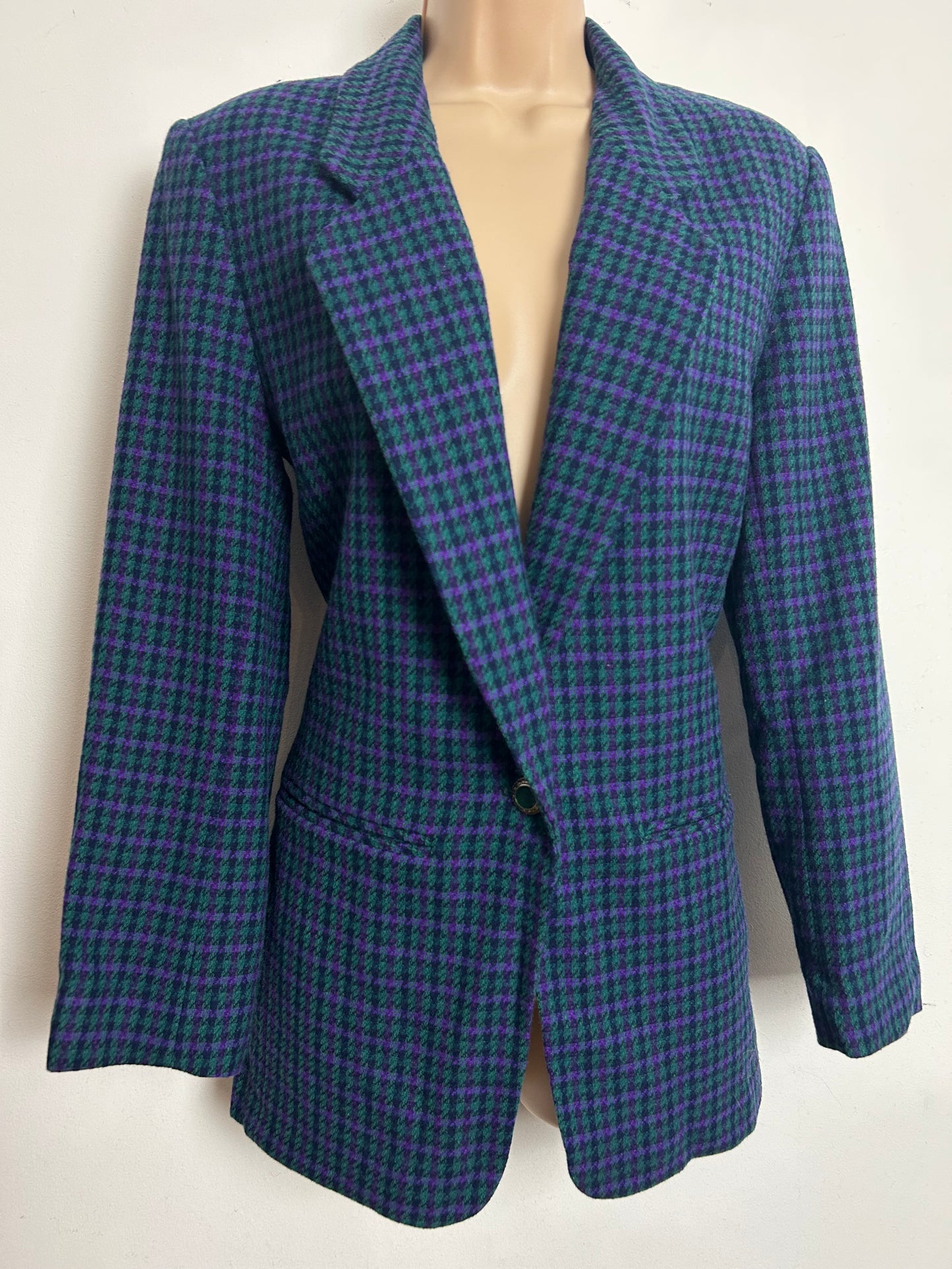 Vintage 1970s PENDLETON WOOLEN MILLS Size 10 Teal & Purple Virgin Wool Hounds Tooth Check Blazer