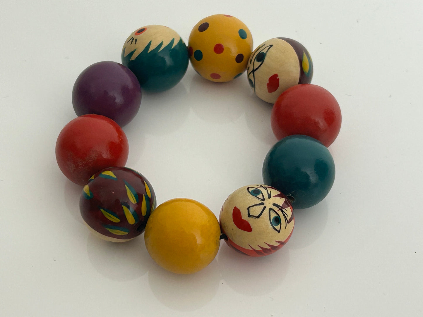 Vintage 1980s Handmade Handpainted Multicolour Wooden Bead Bracelet