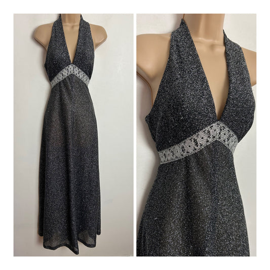 Vintage 1970s RICHARD SHOPS UK Size 8 Silver Lurex Plunge Neck Evening Maxi Dress