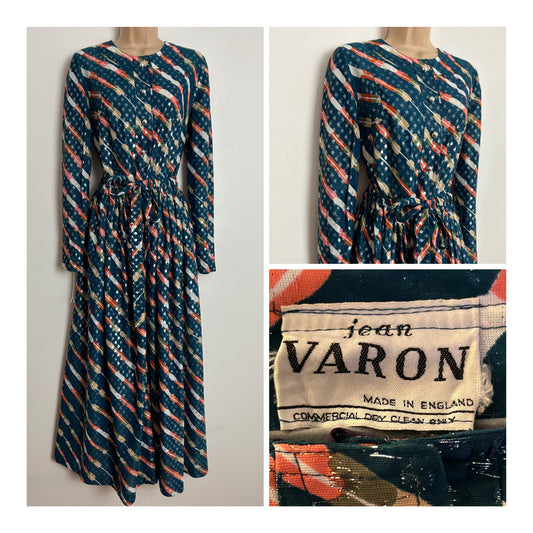 Vintage Early 1970s JEAN VARON UK Size 12 Dark Teal Blue Orange Beige & Gold Abstract Stripe Print Lurex Occasion Maxi Dress