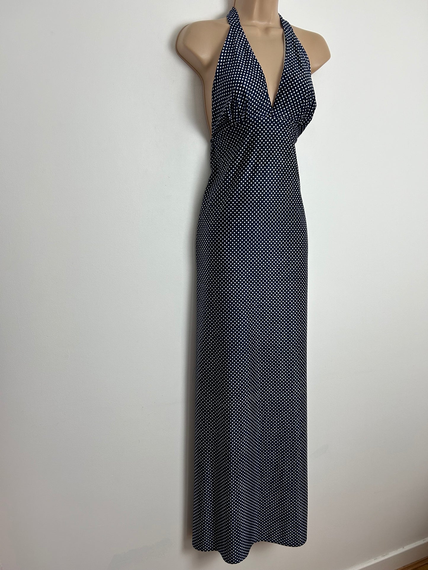 Vintage 1970s UK Size 8 Navy Blue & White Polka Dot Print Halterneck Summer Maxi Dress