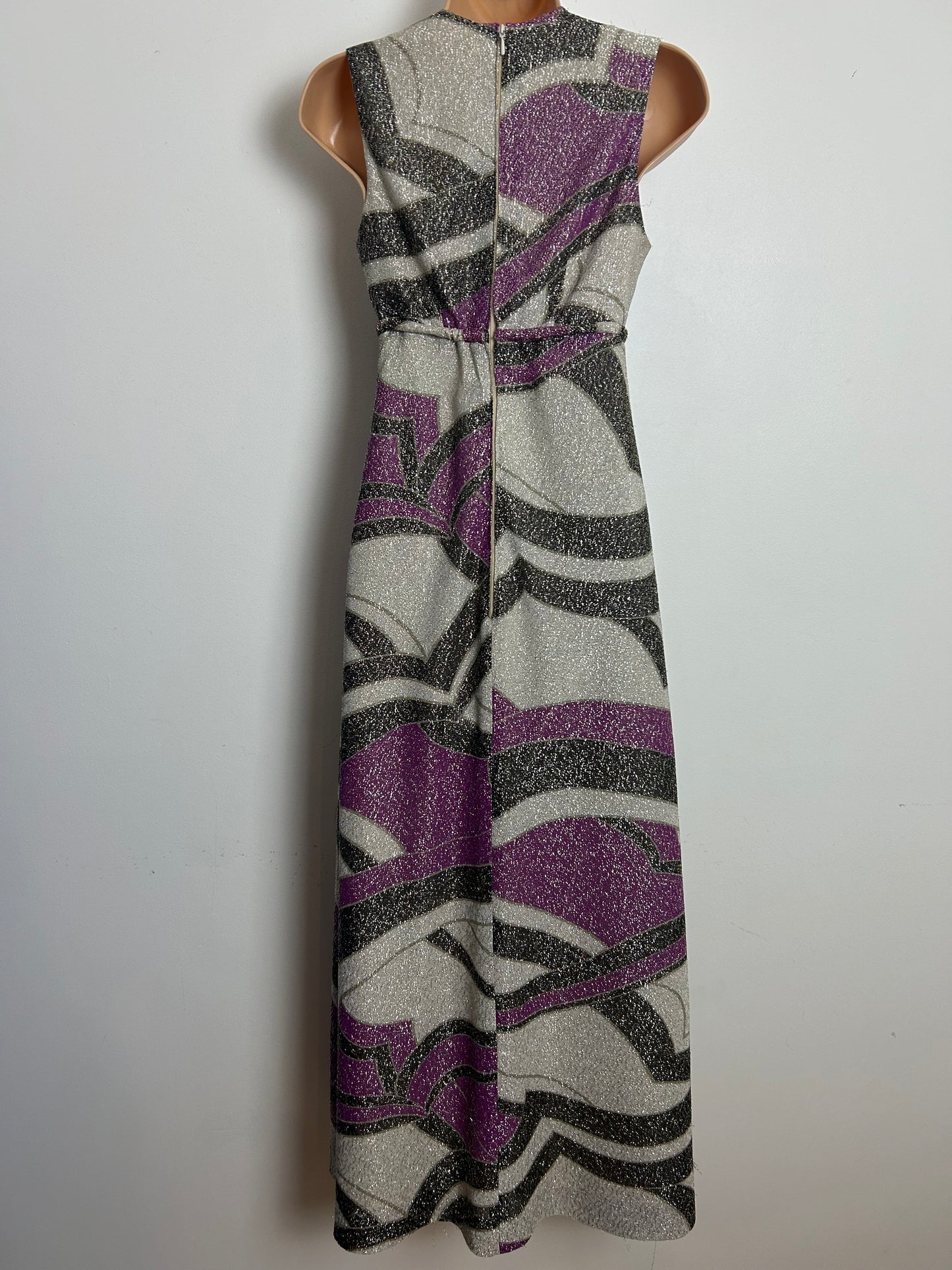 Vintage 1970s Size 6-8 Grey Silver & Purple Tones Abstract Print Lurex Occasion Evening Maxi Dress