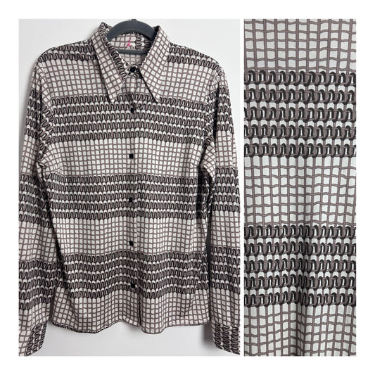 Vintage 1970s Size 12 White Mocha Brown Woven Abstract Print Long Sleeve Shirt
