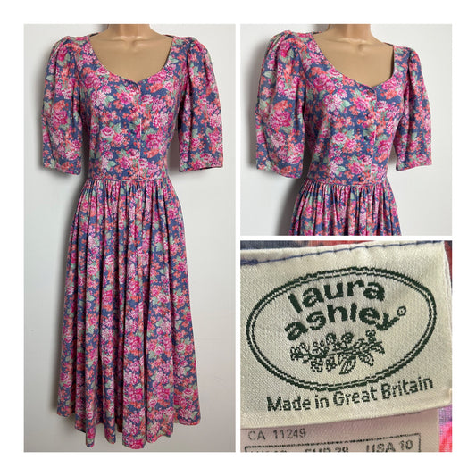 Vintage 1980s LAURA ASHLEY Size 8 (12 On Label) Blue Pink & Orange Floral Print Cotton Tea Dress