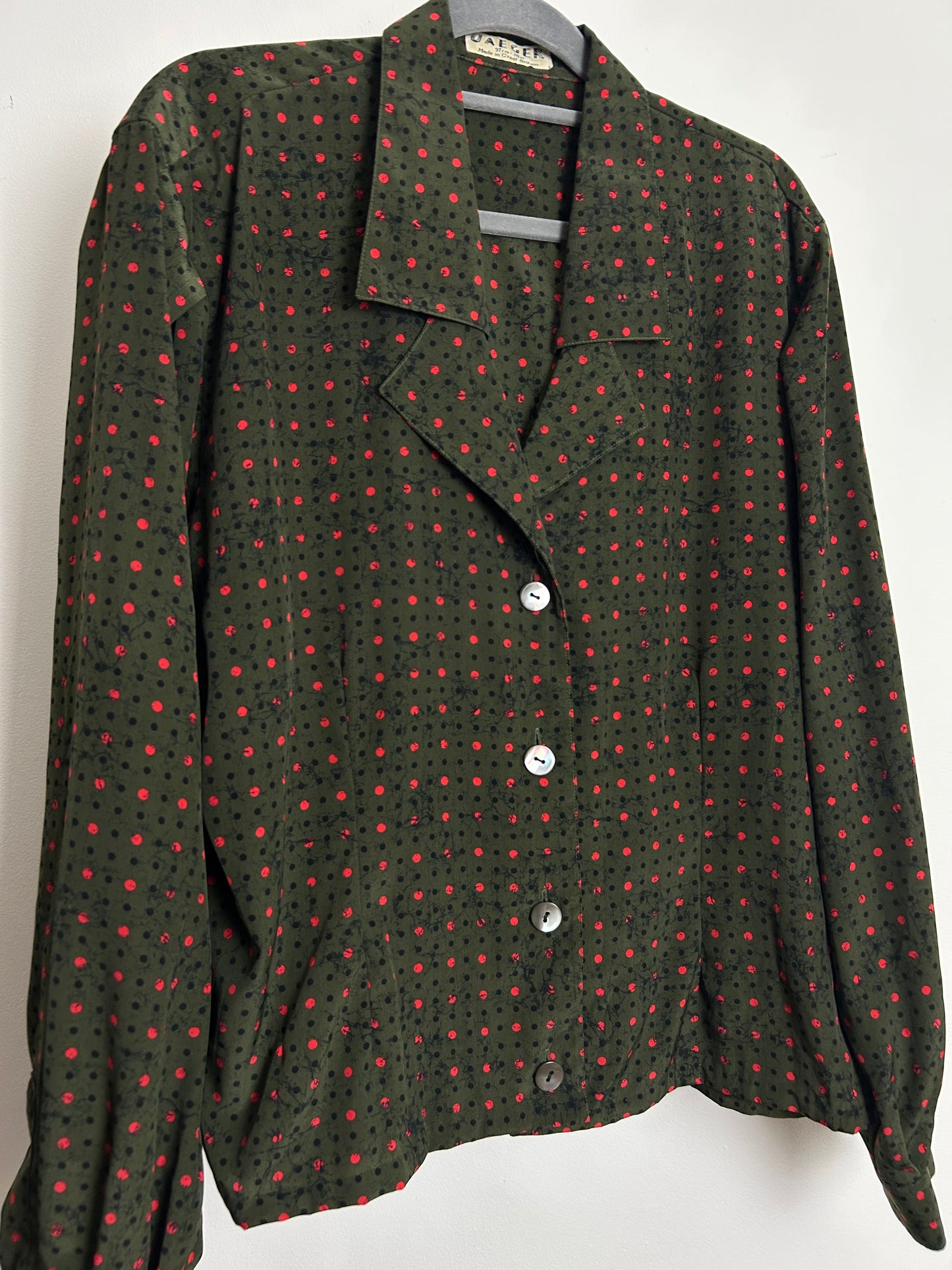 Vintage 1970s JAEGER Size 14 Dark Green Red & Black Polka Dot Print Long Sleeve Blouse/Top