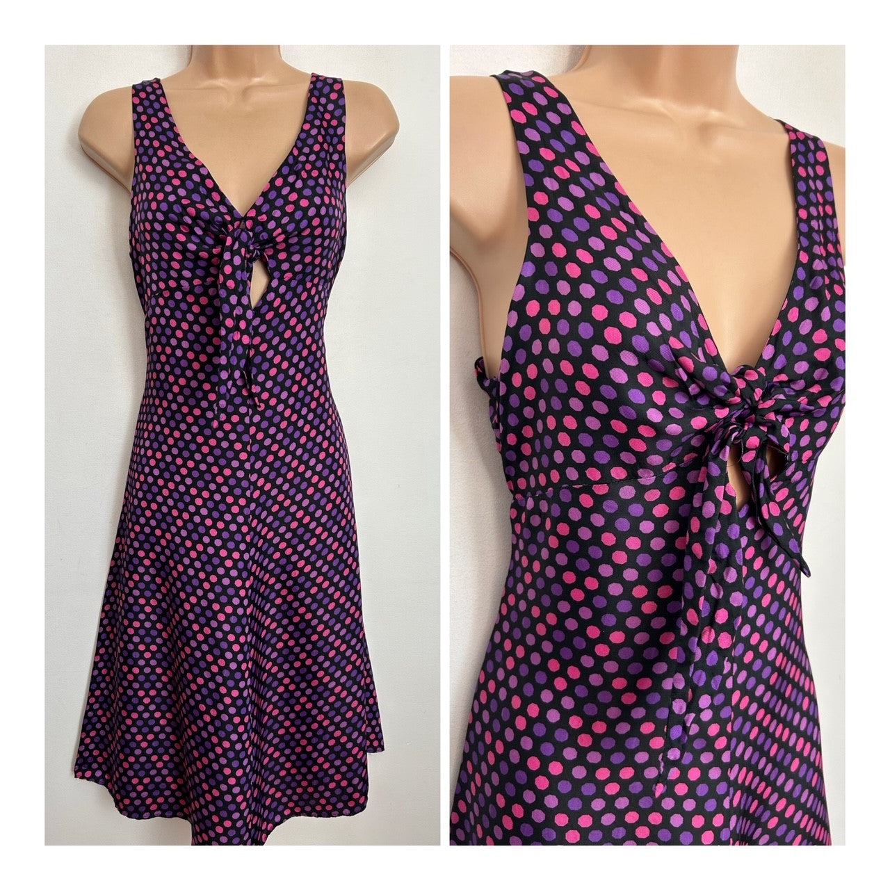 Vintage 1970s UK Size 12 Cute Black Purple & Pink Hexagonal Print Tie Front Shift Dress