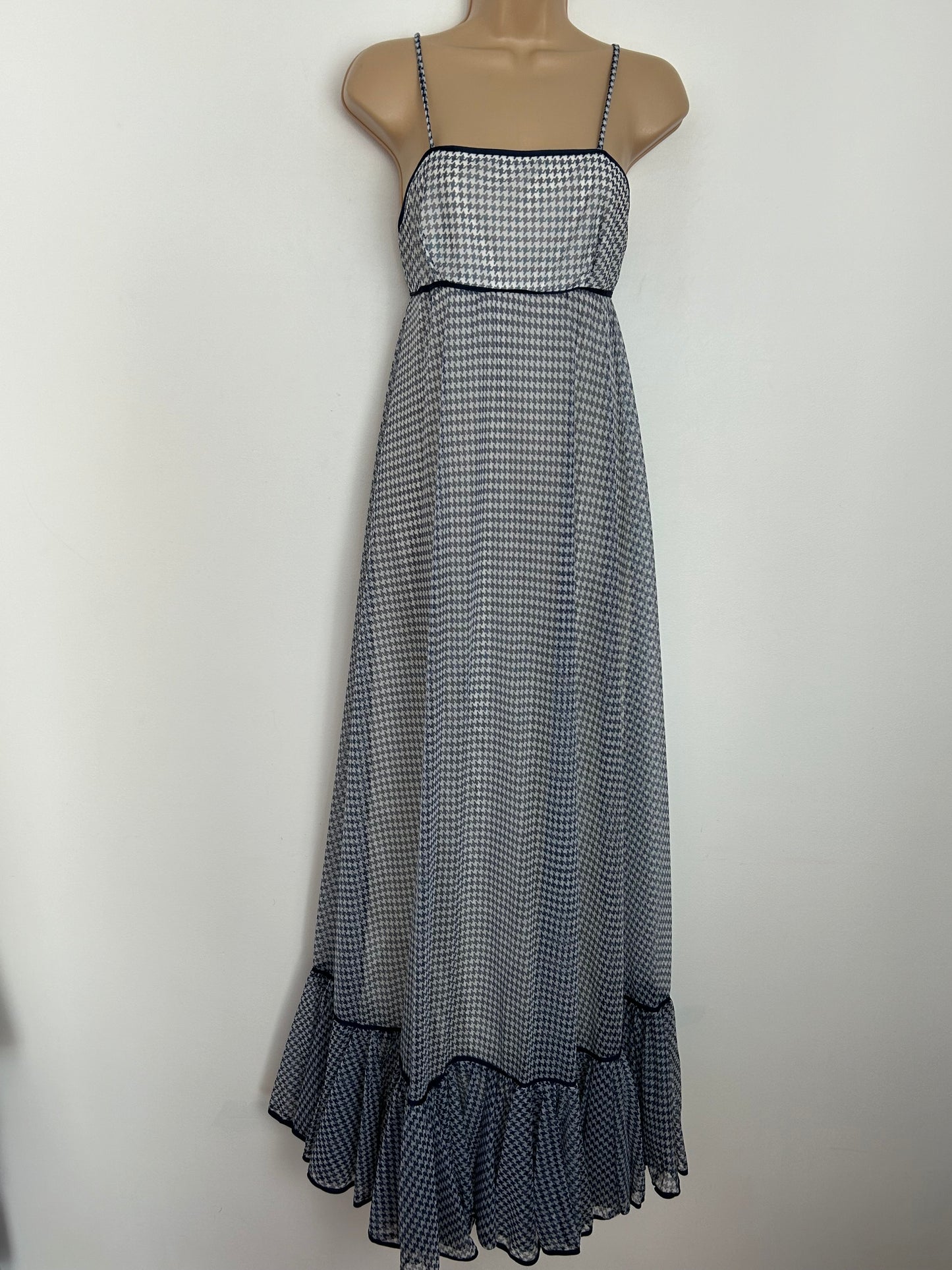 Vintage 1970s AFTER SIX BY RONALD JOYCE UK Size 8 Blue & White Dogtooth Check Strappy Empire Line Maxi Dress With Matching Scarf/Shawl