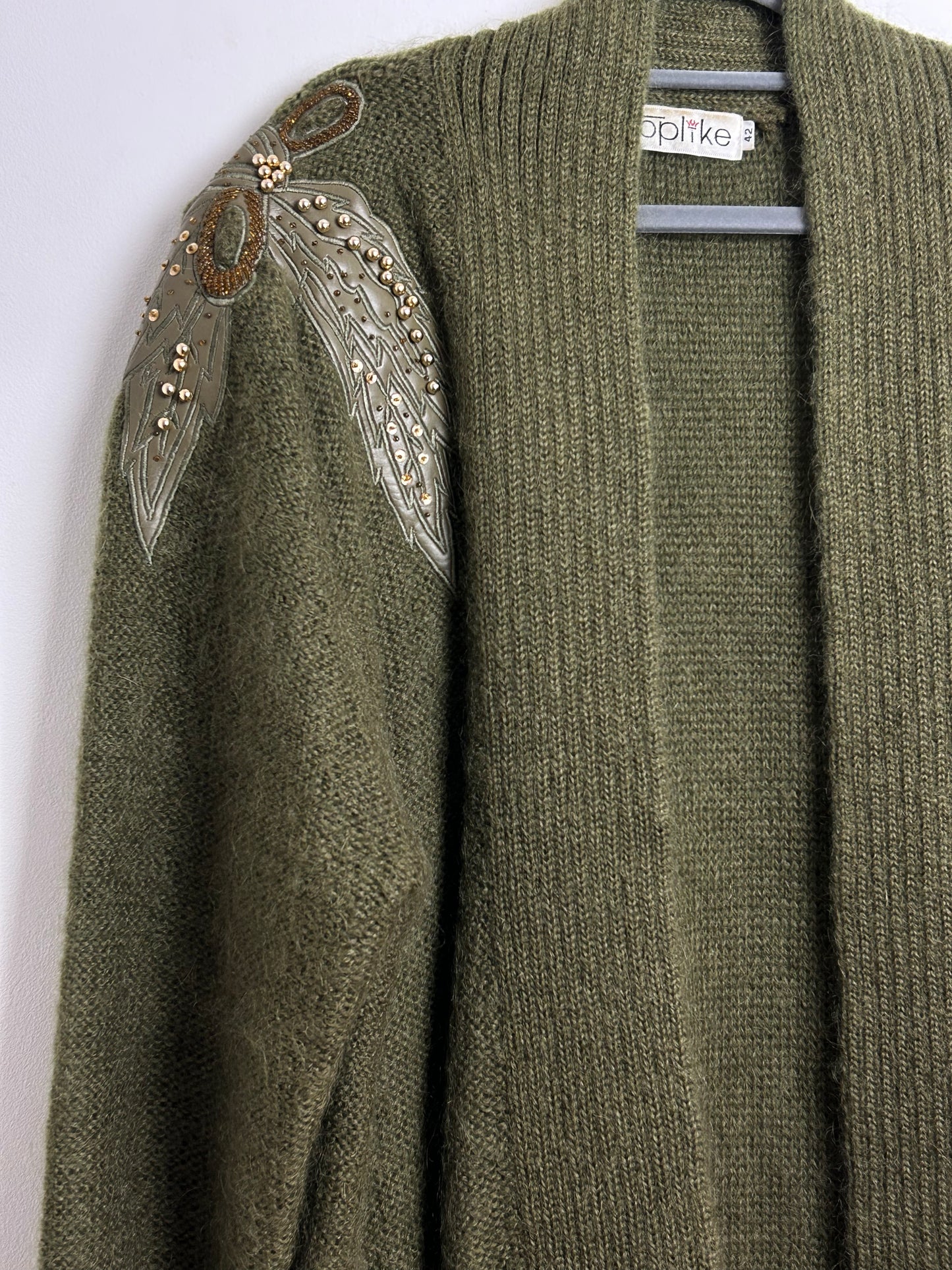 Vintage 1980s UP To Size 16 Olive Green Mohair Mix Leaf & Gold Bead Embellishment Open Fronted Cardigan