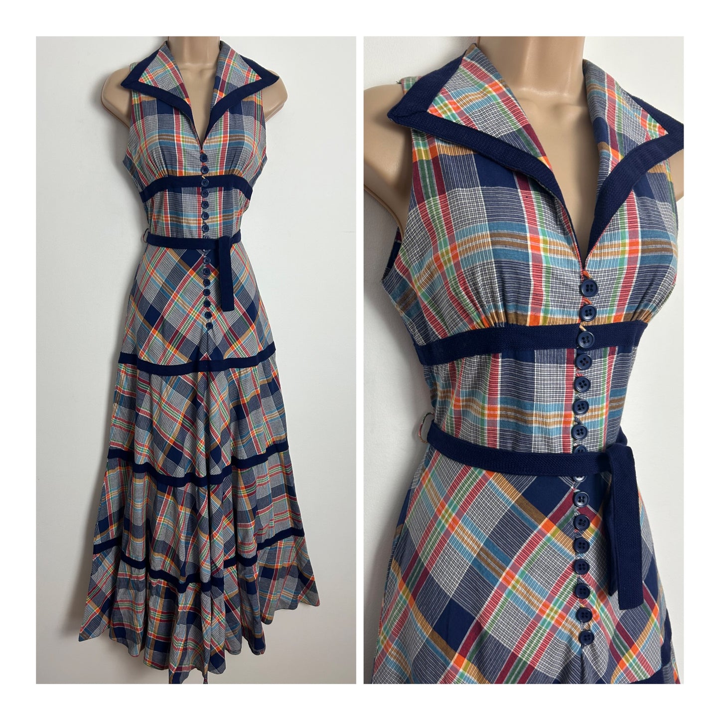 Vintage 1970s BETTY BARCLAY Size 6 Blue Check Print Sleeveless Belted Cotton Maxi Dress