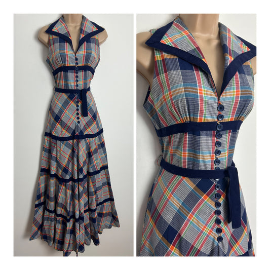 Vintage 1970s BETTY BARCLAY Size 6 Blue Check Print Sleeveless Belted Cotton Maxi Dress