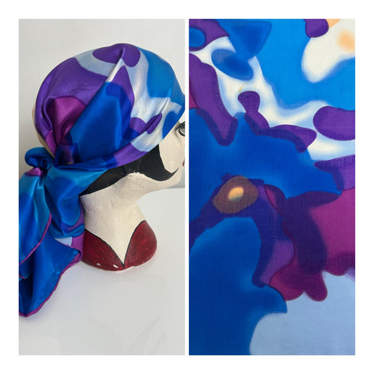Vintage Purple Blue & Coral Abstract Print 100% Silk Large Scarf 86cm x 88cm