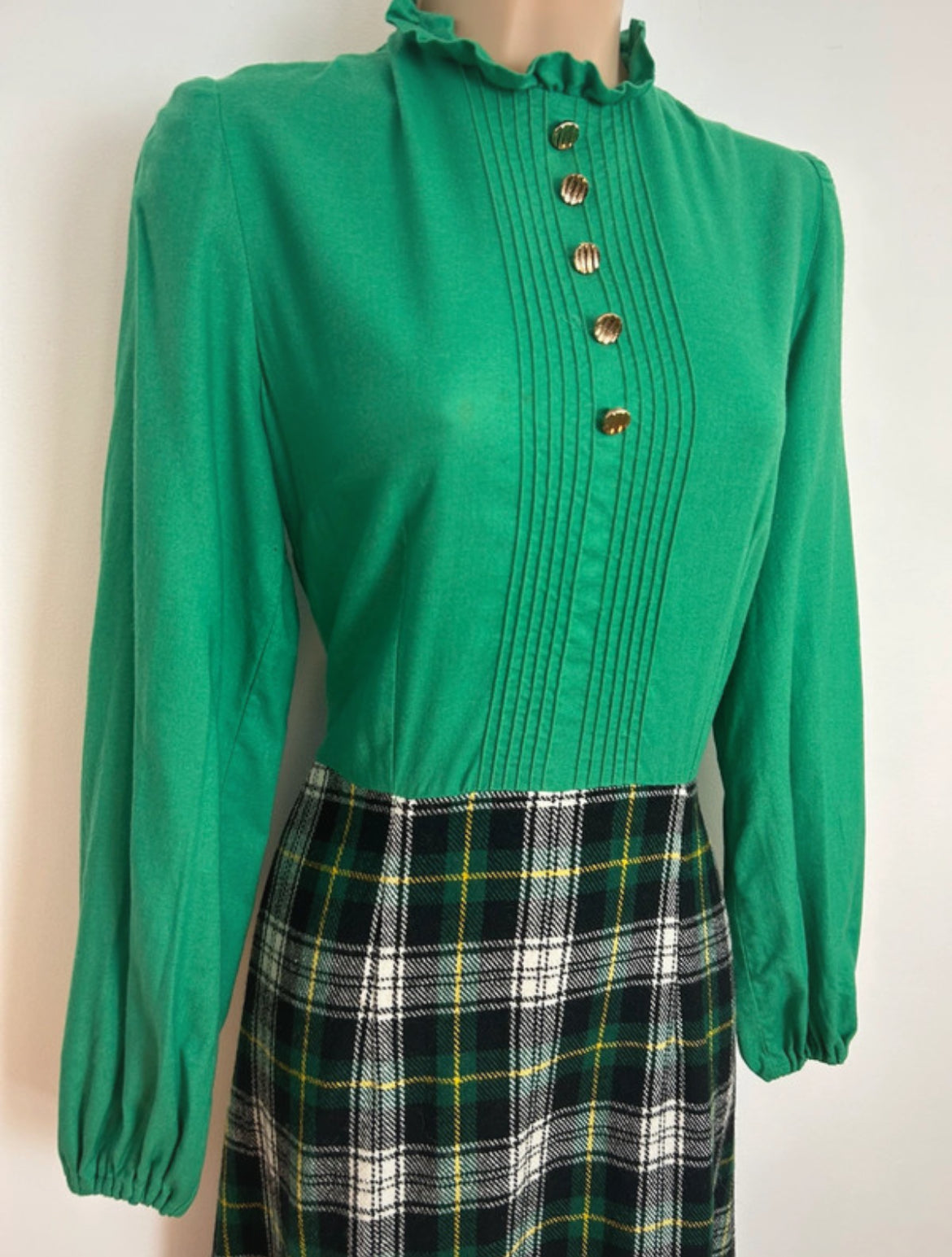 Vintage 1970s Size 10 Green Tartan Check Long Sleeve Cotton & Wool Mix Prairie Maxi Dress