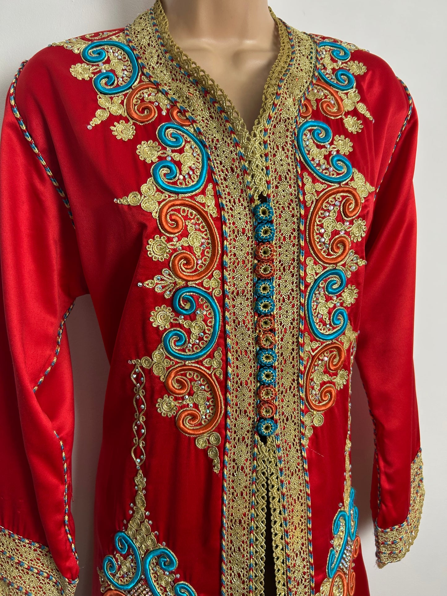 Vintage Up To Size 12 Beautiful Red & Gold Satin Highly Detailed & Embellished Kaftan