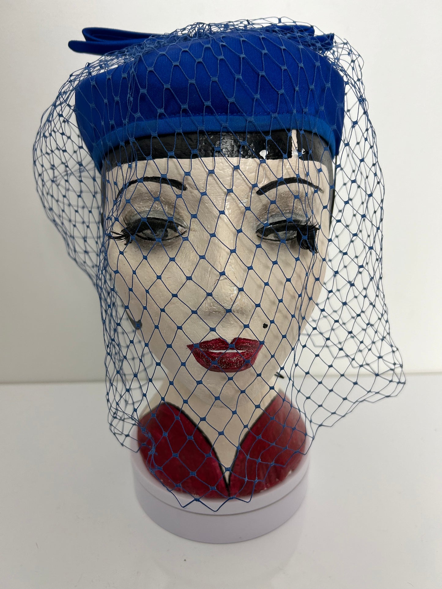 Vintage 1960s BHS MILLINERY Royal Blue Veil Net Covered Pill Box Hat