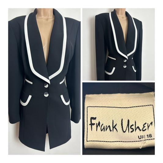 Vintage 1980s FRANK USHER Size 14-16 Gorgeous Black & White Trim Tux Style Blazer