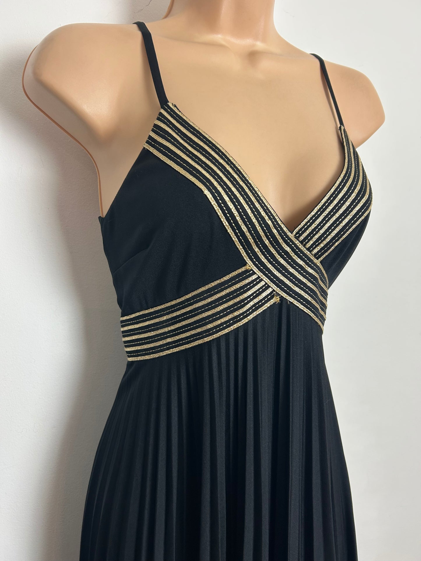 Vintage 1970s YVETTE Size 6-8 Black & Gold Braid Trim Pleated Empire Line Evening Maxi Dress