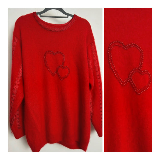Vintage 1980s Size Large (Up To Size 16) Red Angora Mix Heart & Braid Detail Super Soft Jumper
