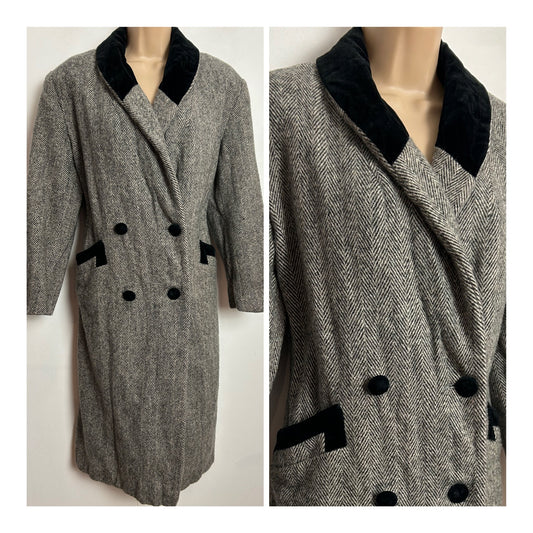 Vintage 1980s NOBLE FASHIONS UK Size 14 Grey Herringbone Wool Velvet Trim Double Breasted Coat