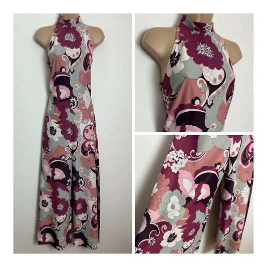 Vintage 1970s LEYGIL Size 6 Plum Purple Grey & Pink Tones Floral Print Wide Leg Jumpsuit