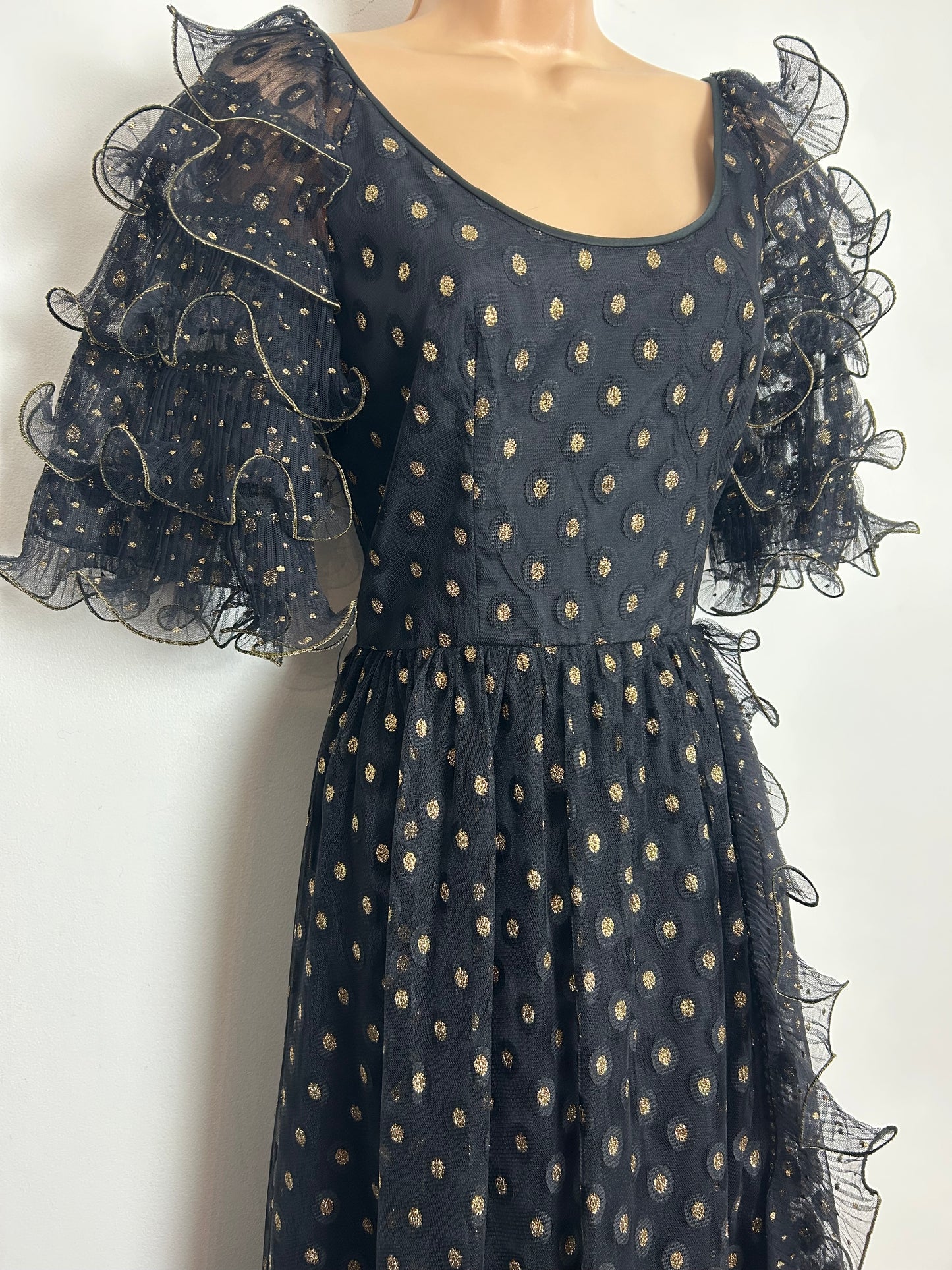 Vintage Late 1970s JOHN CHARLES Size 8 Black & Gold Spot Pattern Ruffle Sleeve Evening Maxi Dress