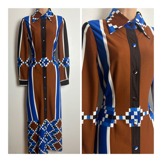 Vintage 1970s TRICOVILLE HANDFASHIONED Size 10 Brown Blue & White Stripe & Geo Print Long Sleeve Maxi Dress