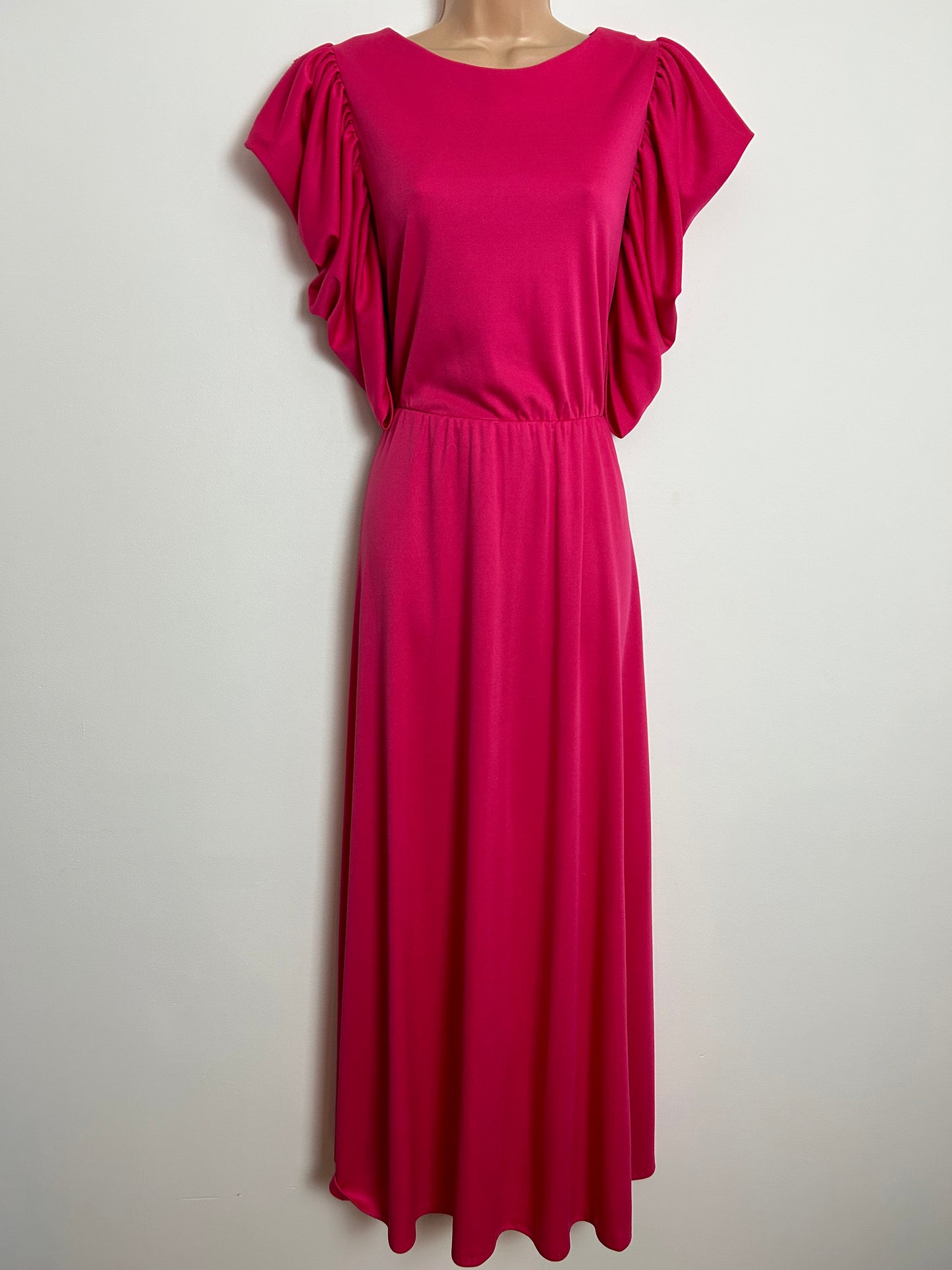 Vintage 1980s UK Size 12 C&A Hot Pink Pleated Draped Sleeve Occasion Maxi Dress