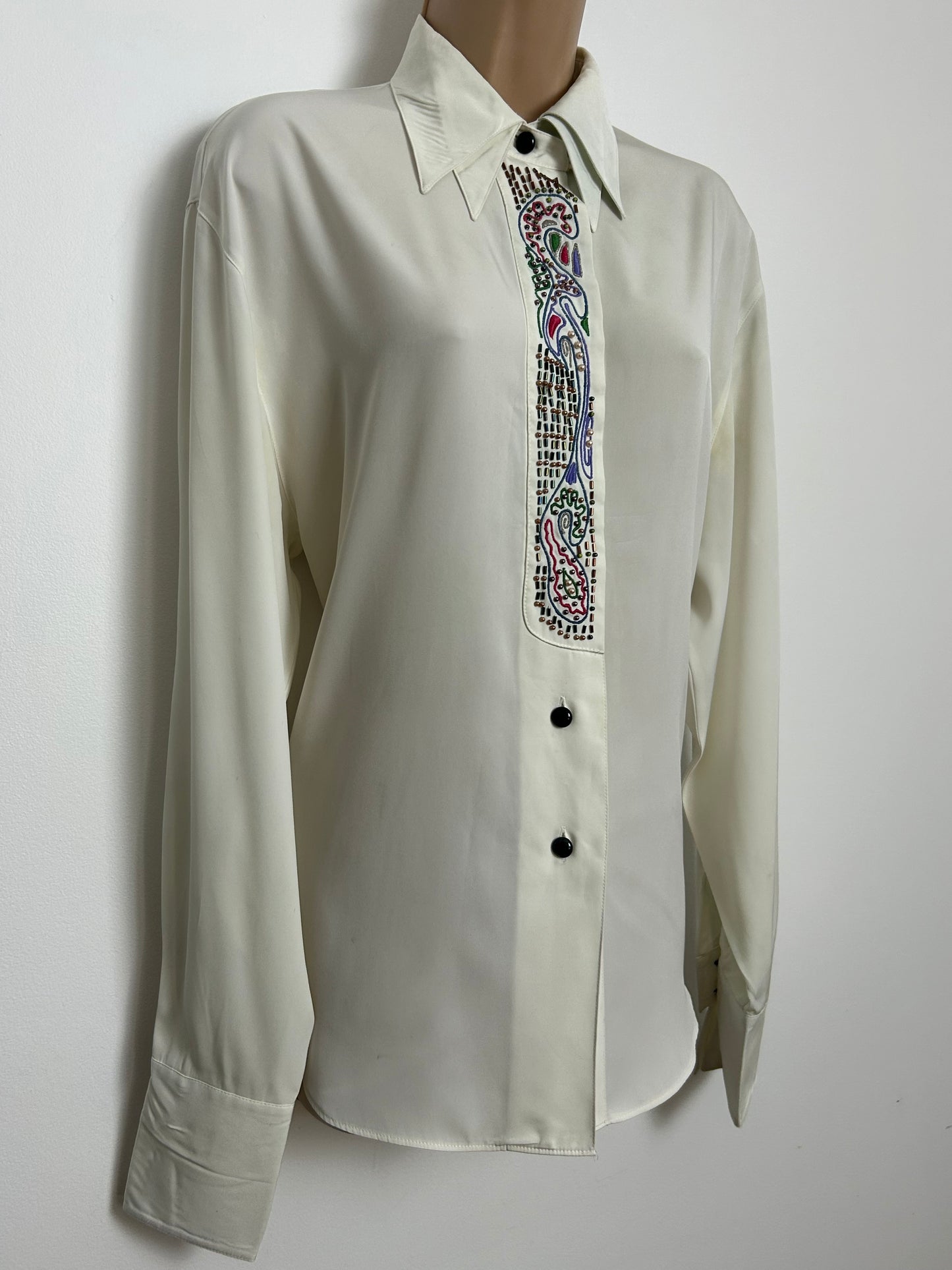 Vintage 1980s Size 12 Off White Double Collared Bead & Embroidered Placket Detail Shirt/Blouse