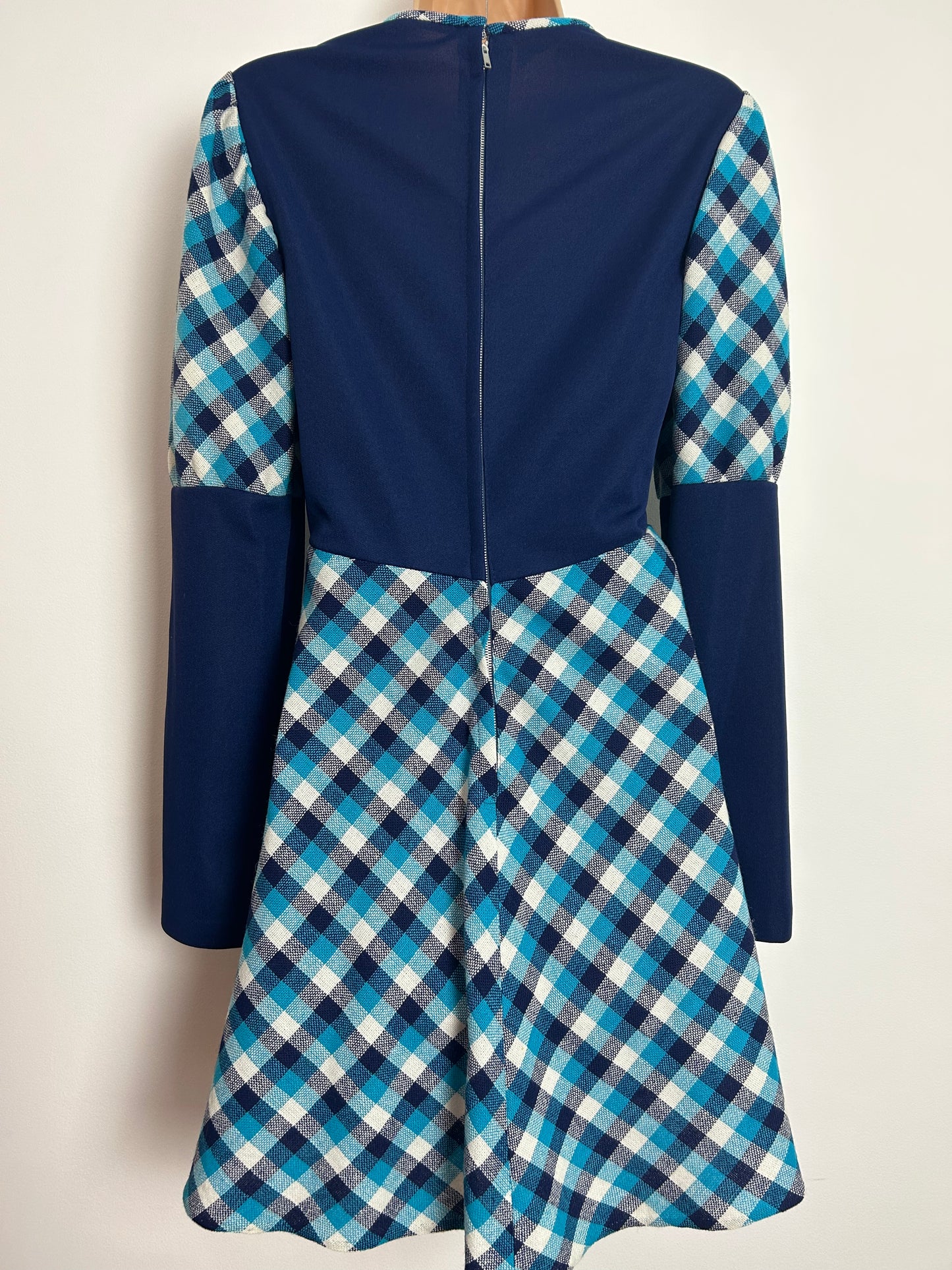 Vintage 1960s CHARMONT OF LONDON UK Size 12-14 Navy Blue White & Turquoise Check Pattern Juliet Sleeve Mod Dress