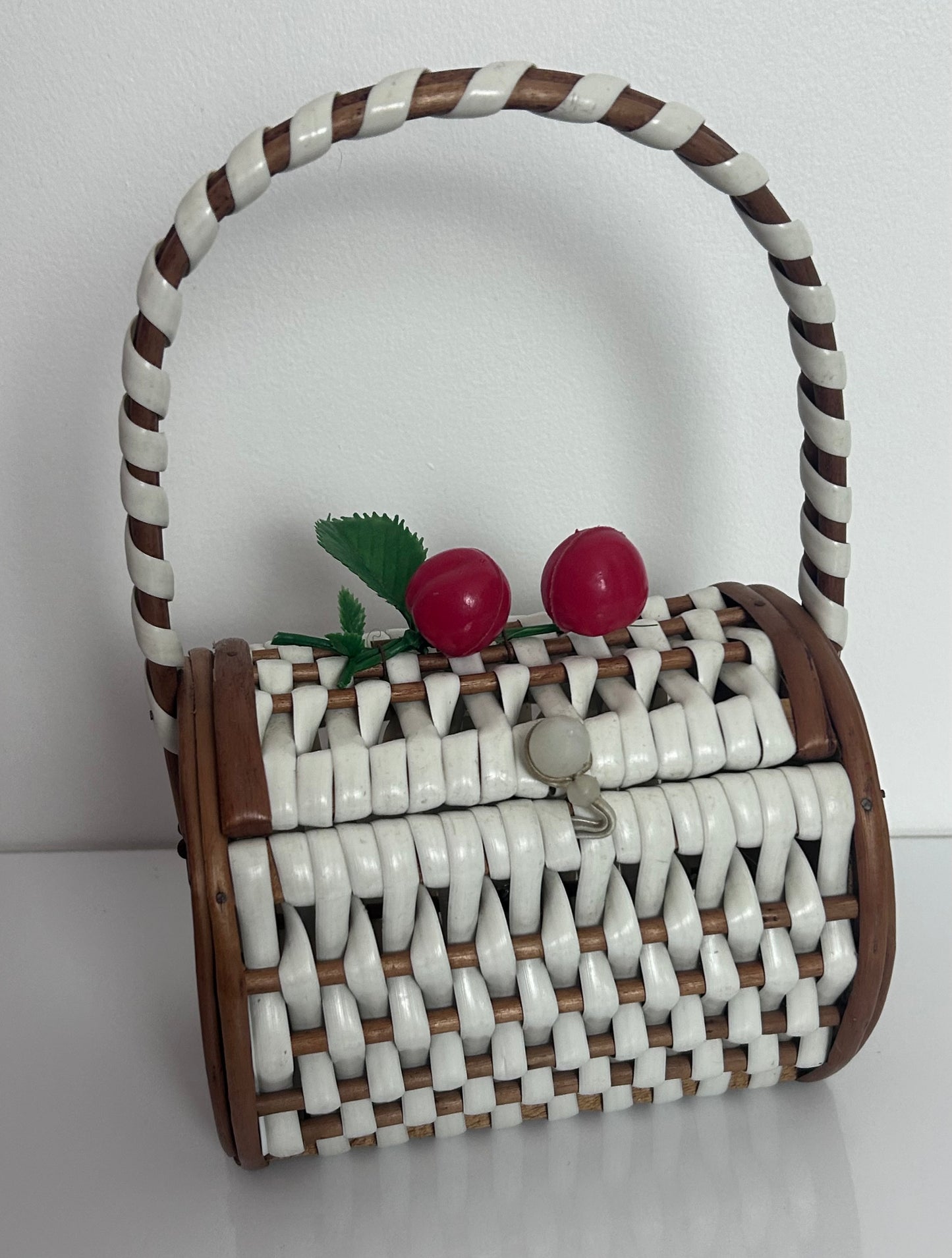 Vintage 1950s Cute Wooden & White Woven Cherries Detail Box Bag