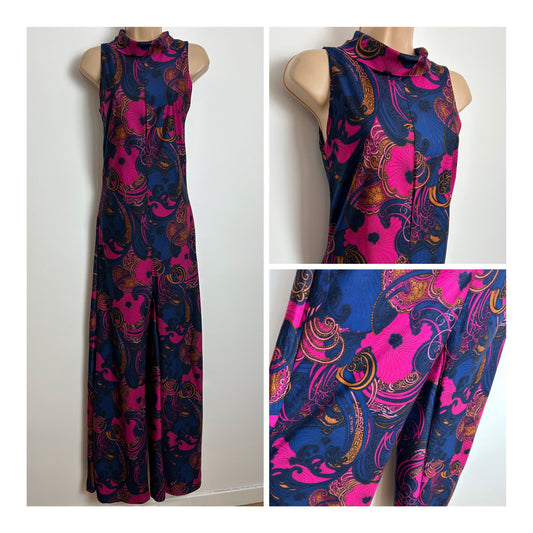 Vintage 1970s SPORTAVILLE Size 6 Navy Blue & Pink Psychedelic Floral Print Sleeveless Wide Leg Jumpsuit