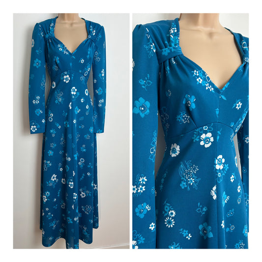 Vintage 1970s DEVONSHIRE LADY Size 10 Teal Blue & White Floral Print Long Sleeve Maxi Dress