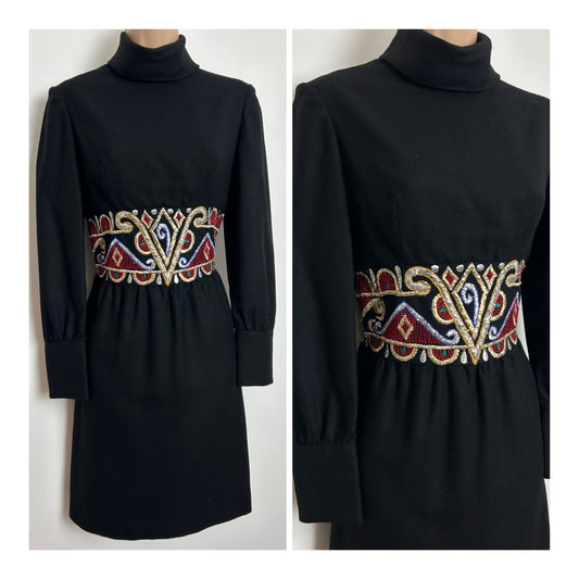 Vintage 1960s Size 8 Black Wool Mix Embroidered Waist Detail Long Sleeve Occasion Dress