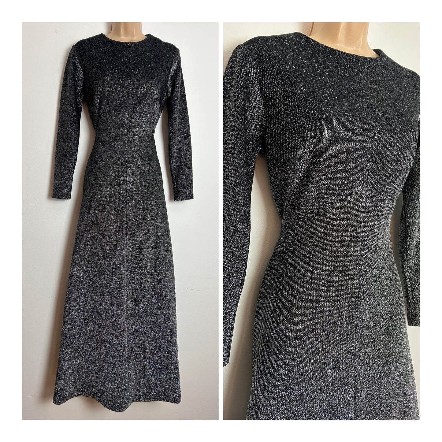 Vintage 1970s Size 10 Gorgeous Black & Silver Glittery Lurex Long Sleeve Occasion Evening Maxi Dress