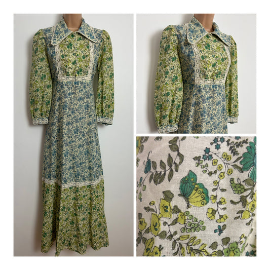 Vintage 1970s RARE JAKE LONDON Size 12-14 Cream Green & Blue Floral & Butterfly Cotton Prairie Maxi Dress