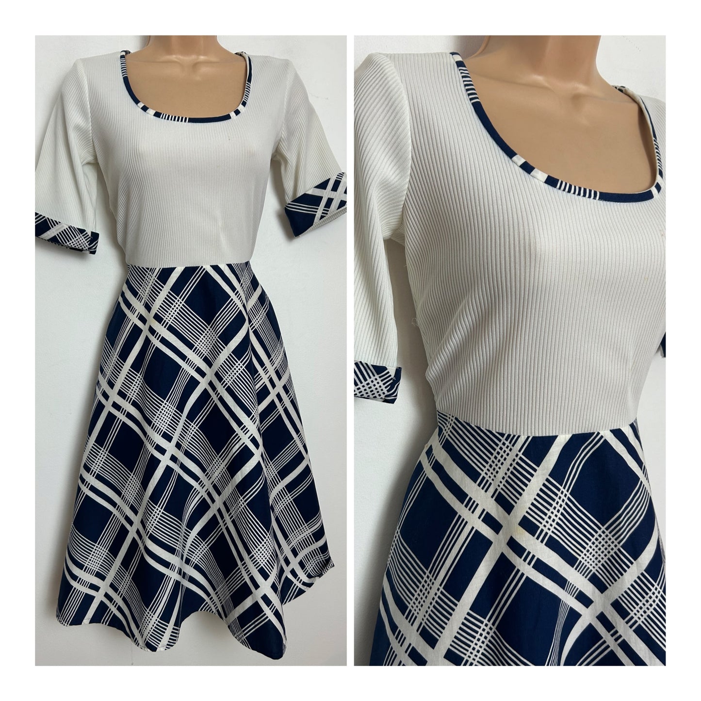 Vintage 1970s UK Size 8-10 Cute White & Blue Ribbed Bodice Check Skirt Mod Day Dress