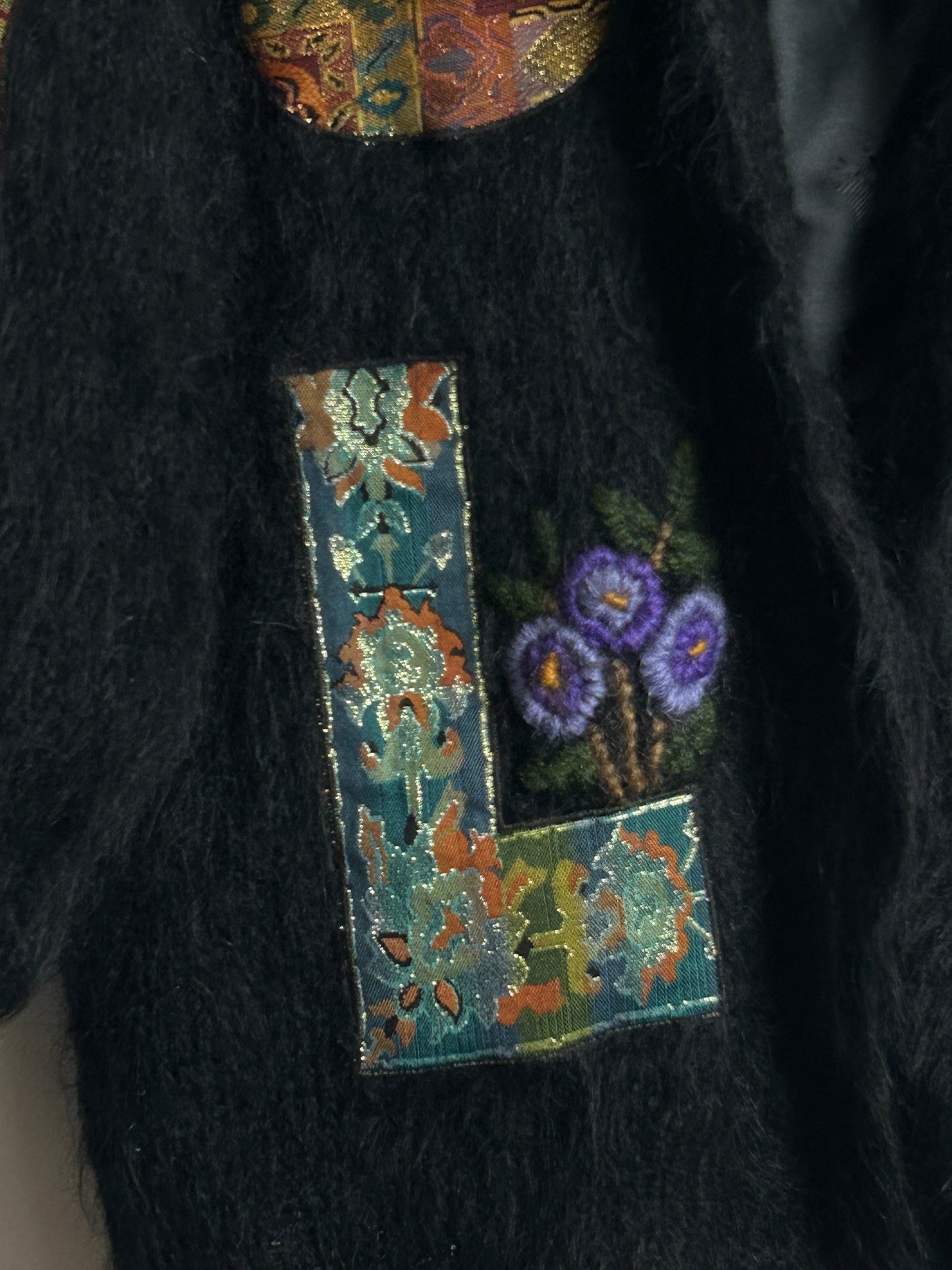 Vintage 1980s Up To Size 18 Black Wool Applique Detail Fully Lined Handmade Open Fronted Cardigan Coatigan