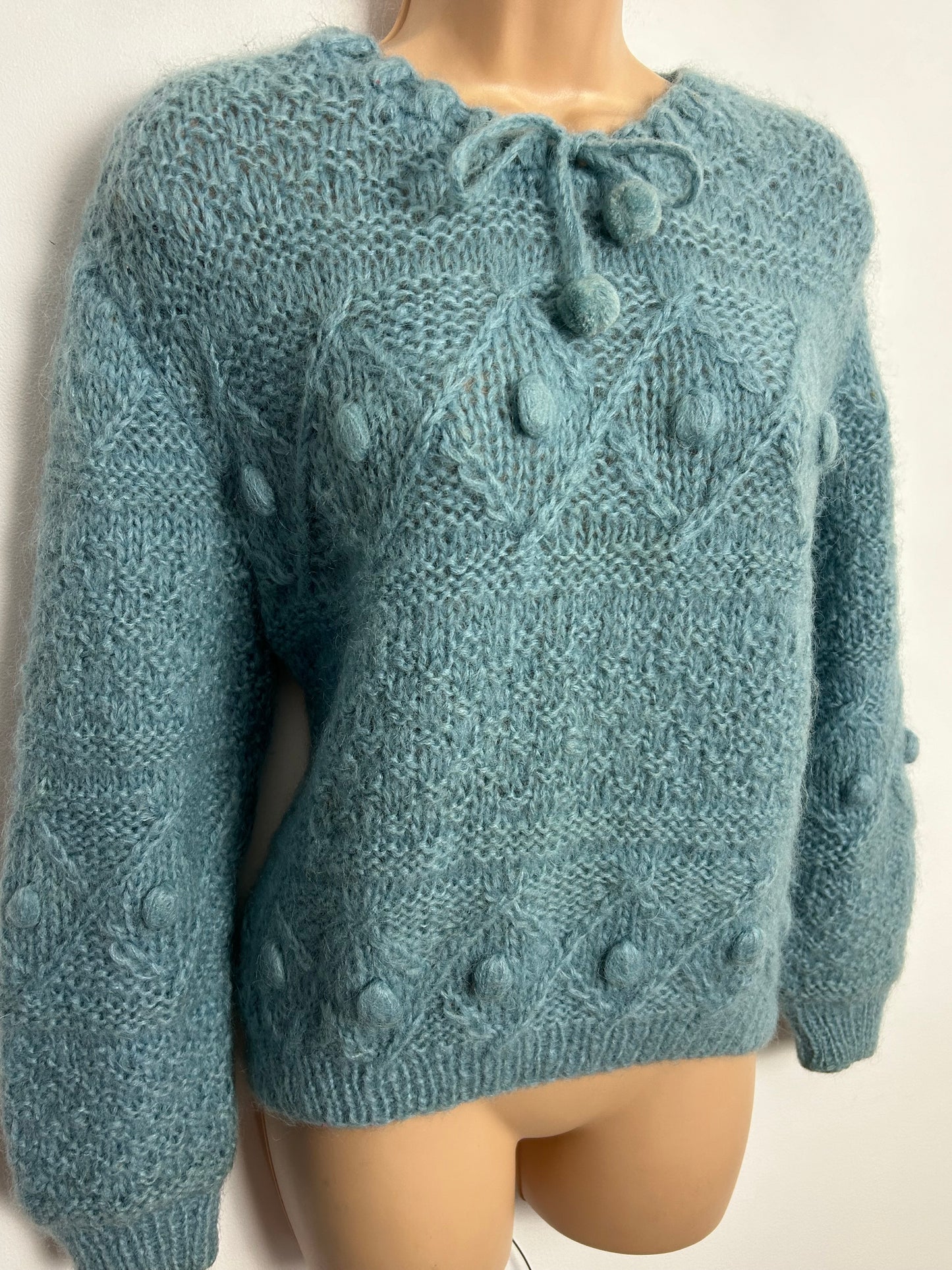 Vintage 1970s Up To Size 14 Duck Egg Blue Home Knitted Mohair Mix Pom Pom Tie Fastening Jumper