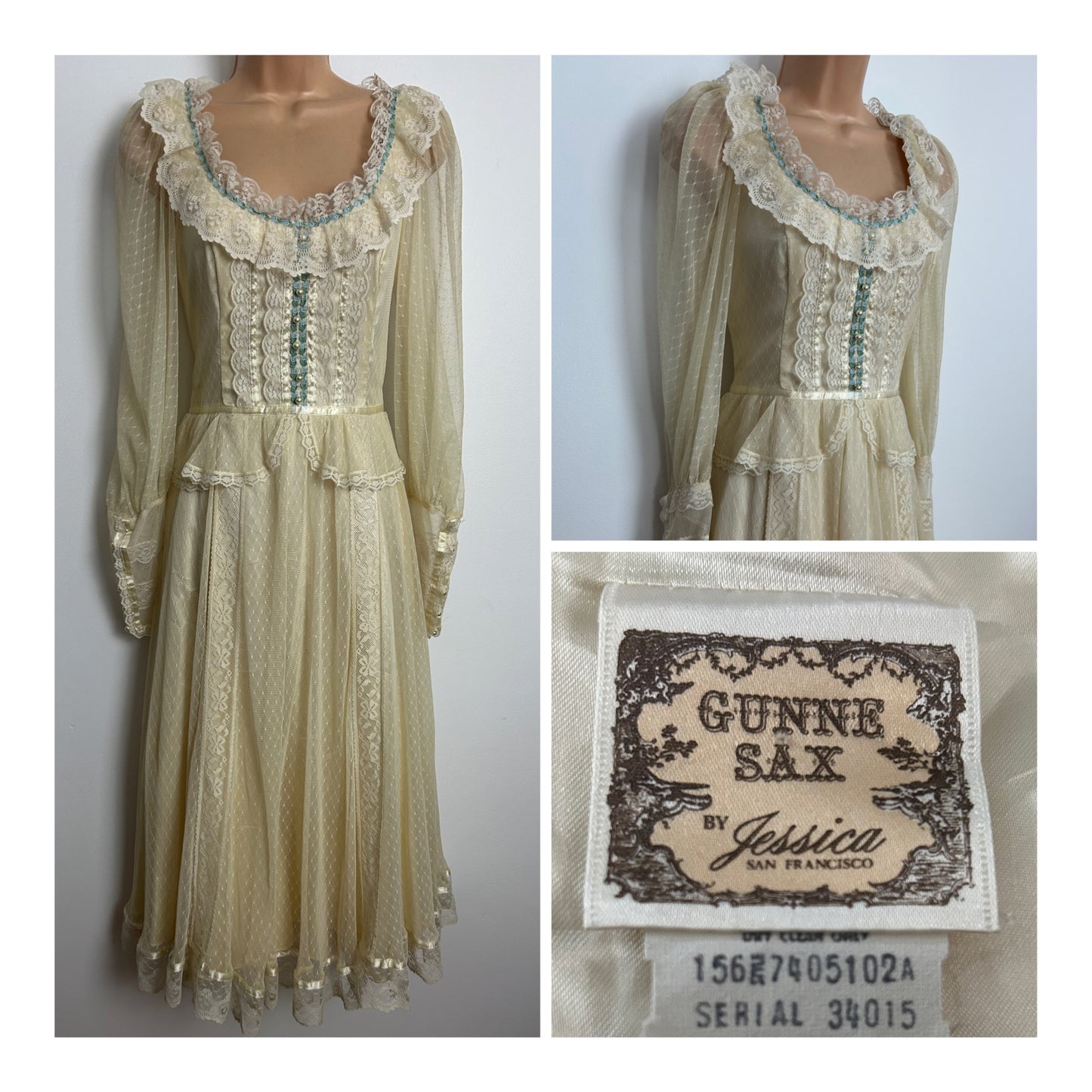 Vintage 1970s GUNNE SAX Size 6/8 (US 13 On Label) Beautiful Ethereal Cream Lace Prairie Boho Midi Dress
