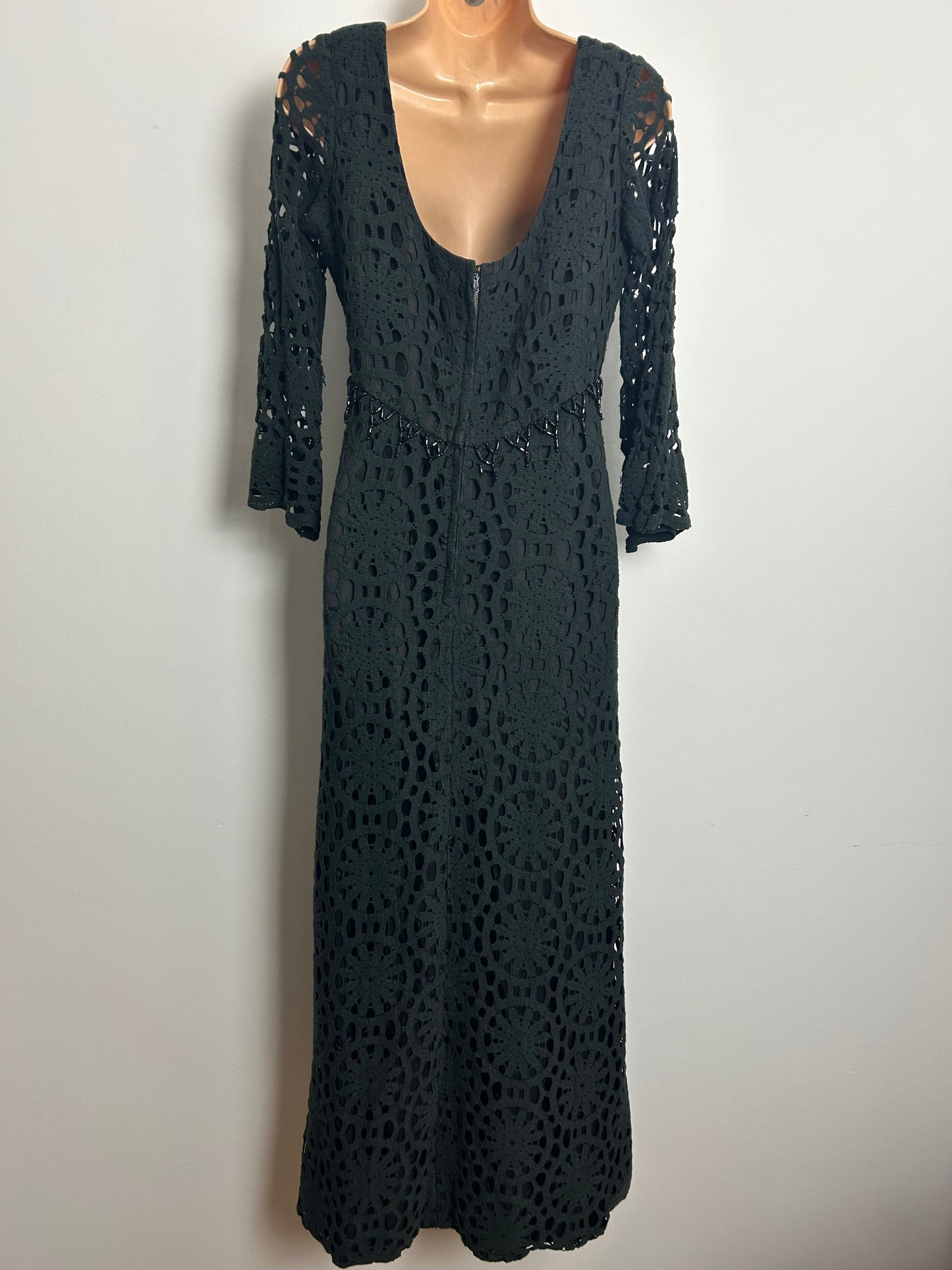Vintage 1970s CLIFTON Size 10-12 Black Mid Weight Cut Out Lace Fabric Column Occasion Maxi Dress