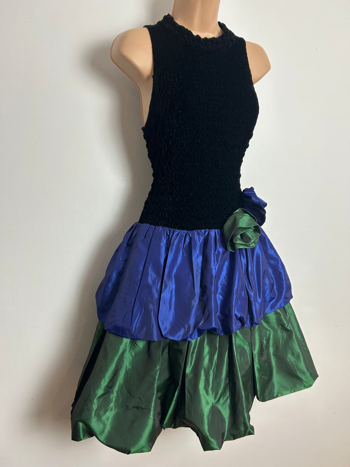 Vintage 1980s Size 10-12 Black Purple & Green Velour & Taffeta Party Prom Dress
