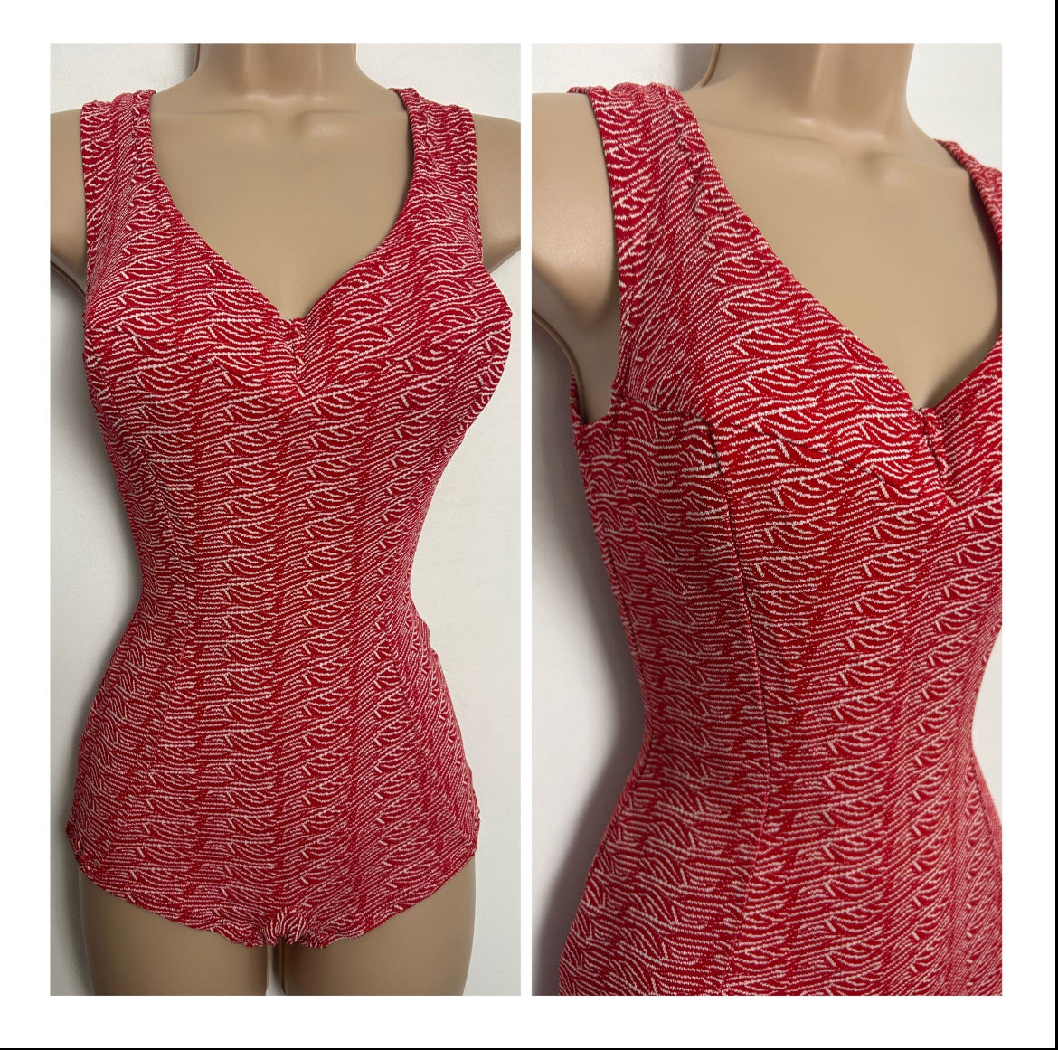 Vintage Late 1950s BALNEA PARIS Size 8 Red & White Pattern Slightly Padded Cup Swimsuit