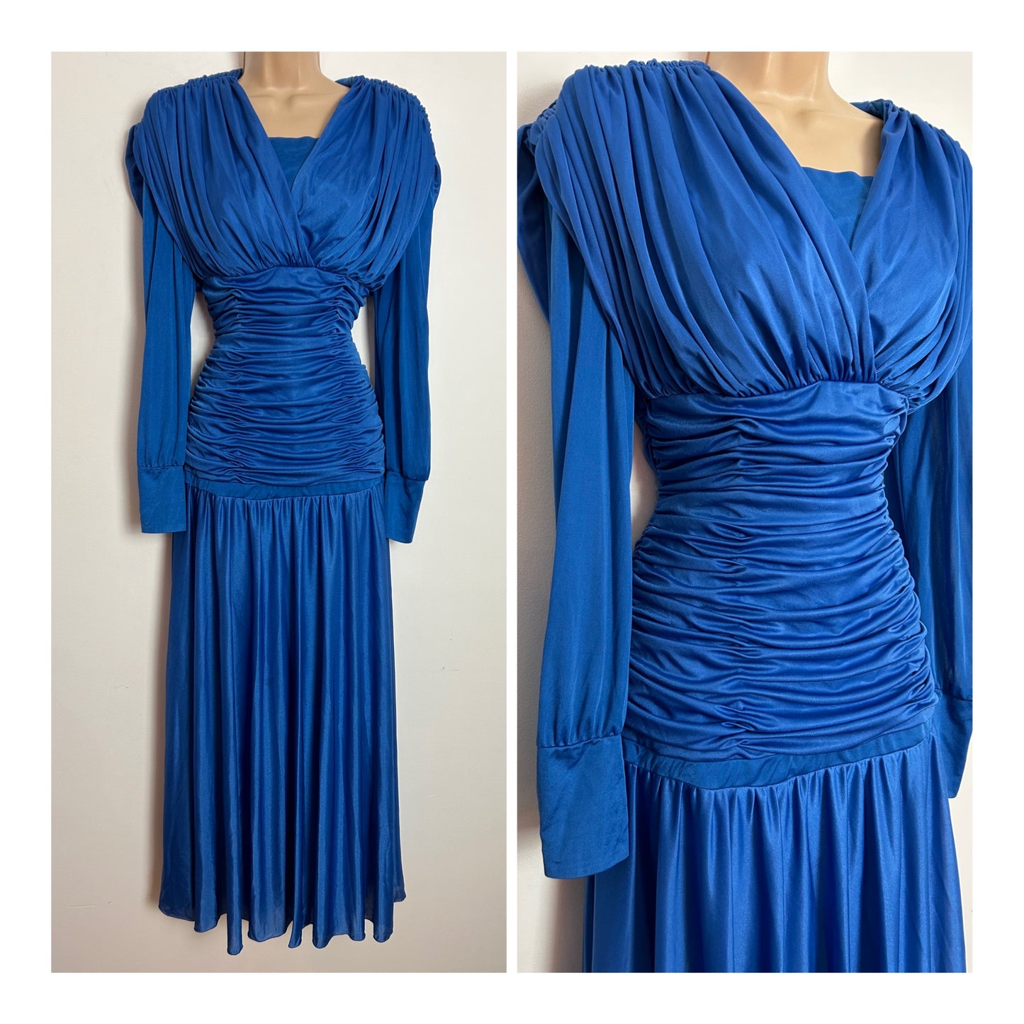 Vintage 1980s UK Size 10 CREATION JOLIE Royal Blue Ruched Draped Maxi Length Occasion Evening Dress