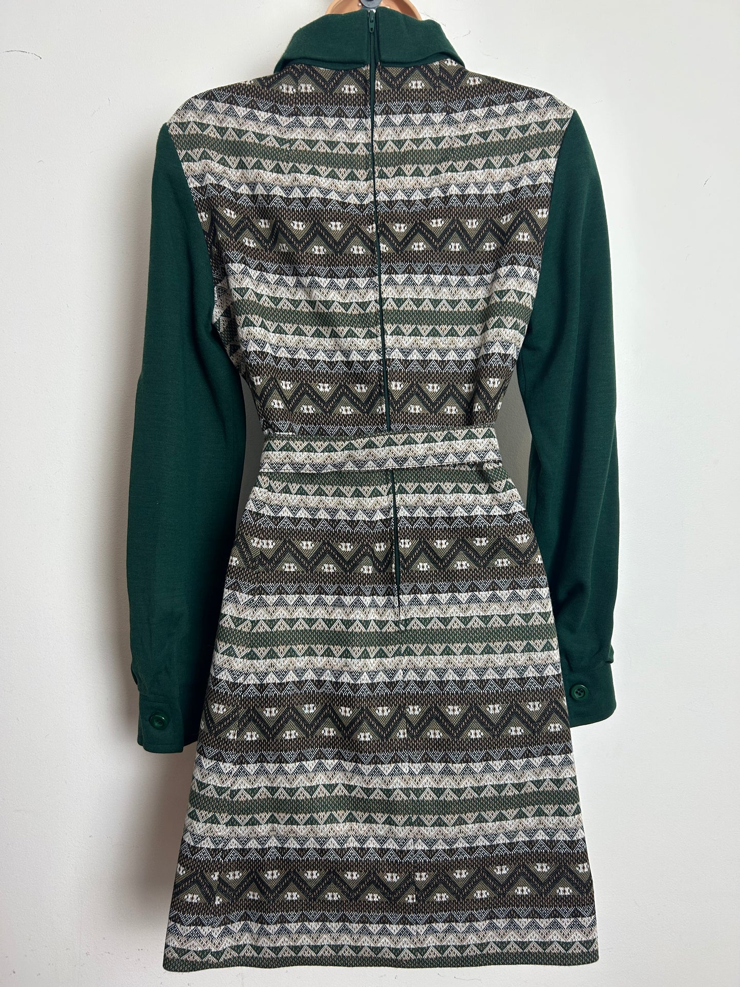 Vintage 1960s BICKLER Size 12-14 Dark Green & Beige Abstract Geo Print Jersey Long Sleeve Belted Mod Day Dress