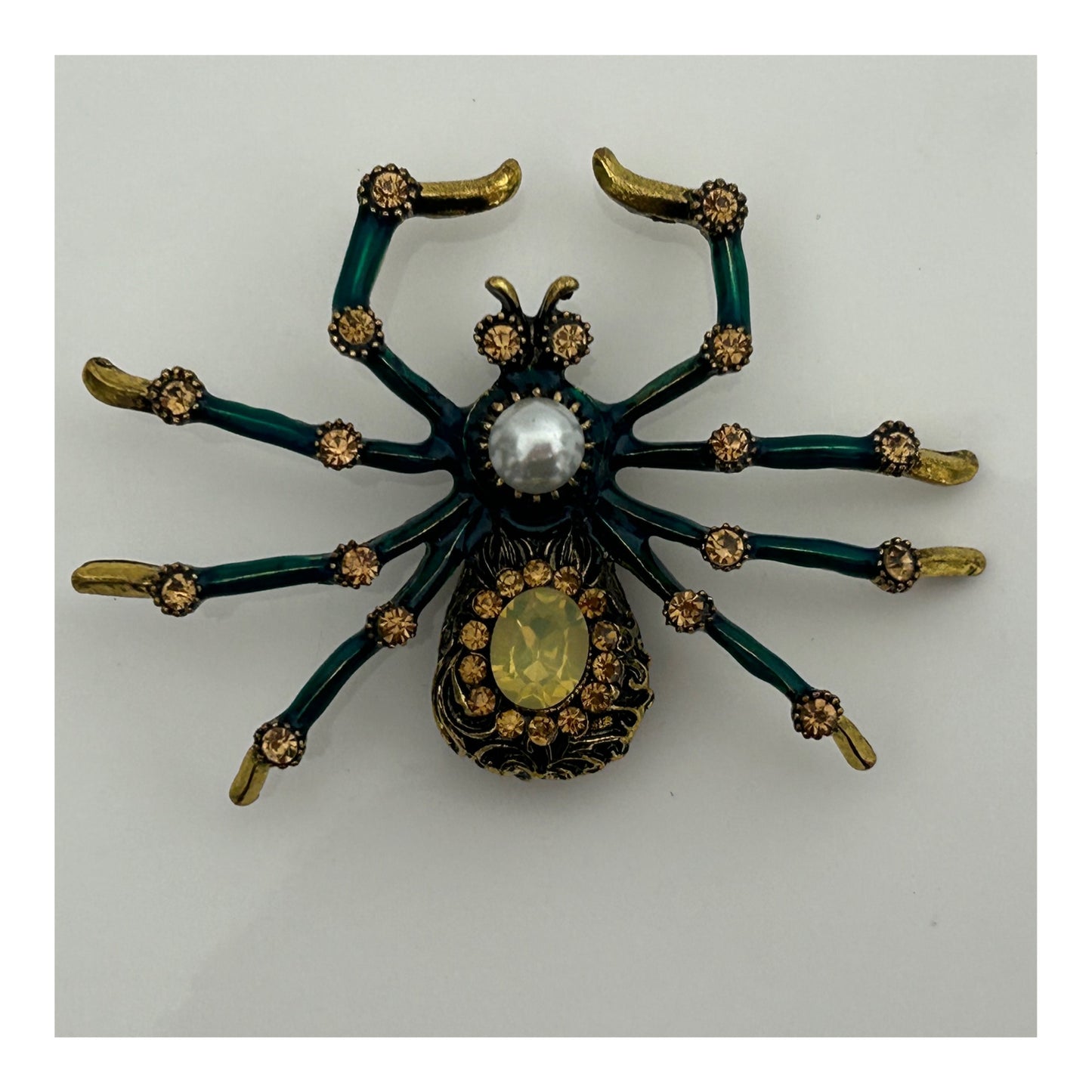 Vintage Gold Tone Green Enamel & Diamante Set Large Spider Pin Brooch