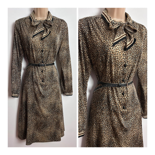 Vintage 1970s UK Size 14 Brown Tones Fleck Print Pussy Bow Long Sleeve Belted Day Dress