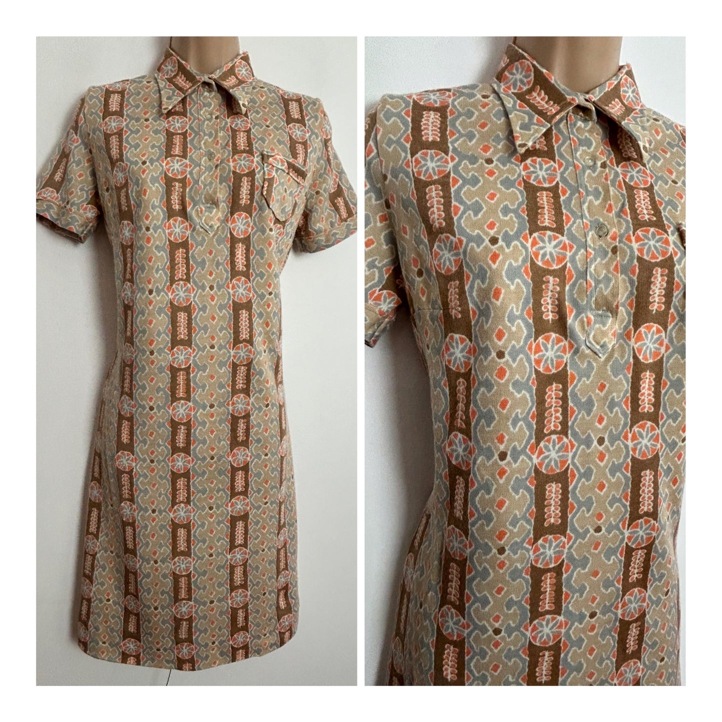 Vintage 1970s UK Size 8-10 ITALIAN Brown Beige Orange & Blue Abstract Print Short Sleeve Mod Shift Dress