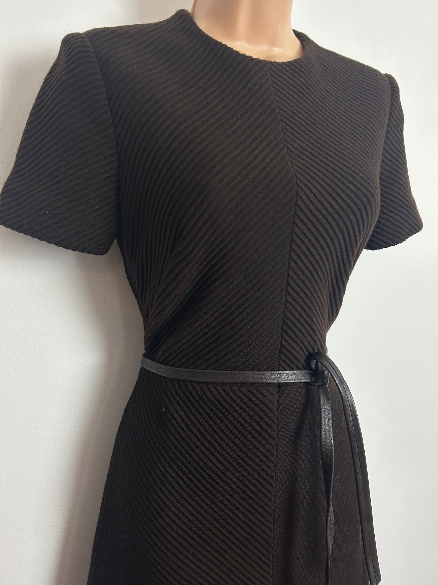Vintage 1960s JAEGER Size 8-10 Chocolate Brown Chevron Texture All Wool Belted Mod Dress