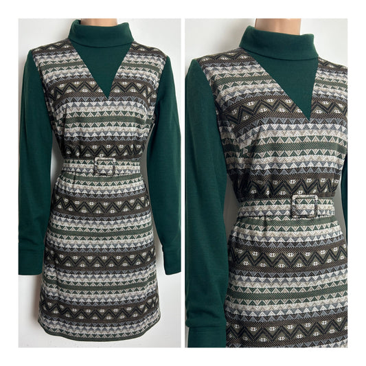 Vintage 1960s BICKLER Size 12-14 Dark Green & Beige Abstract Geo Print Jersey Long Sleeve Belted Mod Day Dress
