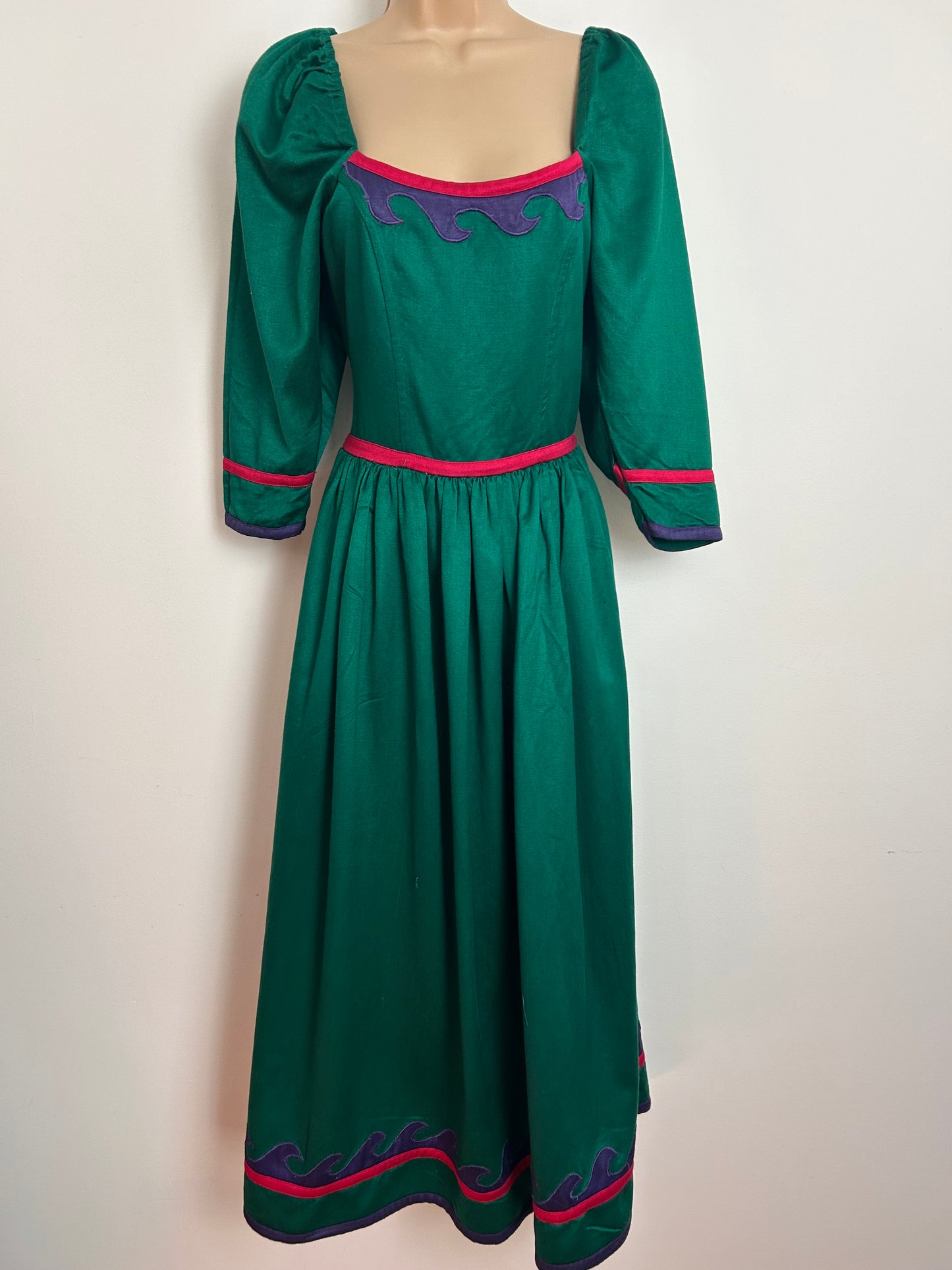 Vintage 1980s MONSOON Size 6-8 Green Mid Sleeve Gather Pleated Prom Style Midi Dress