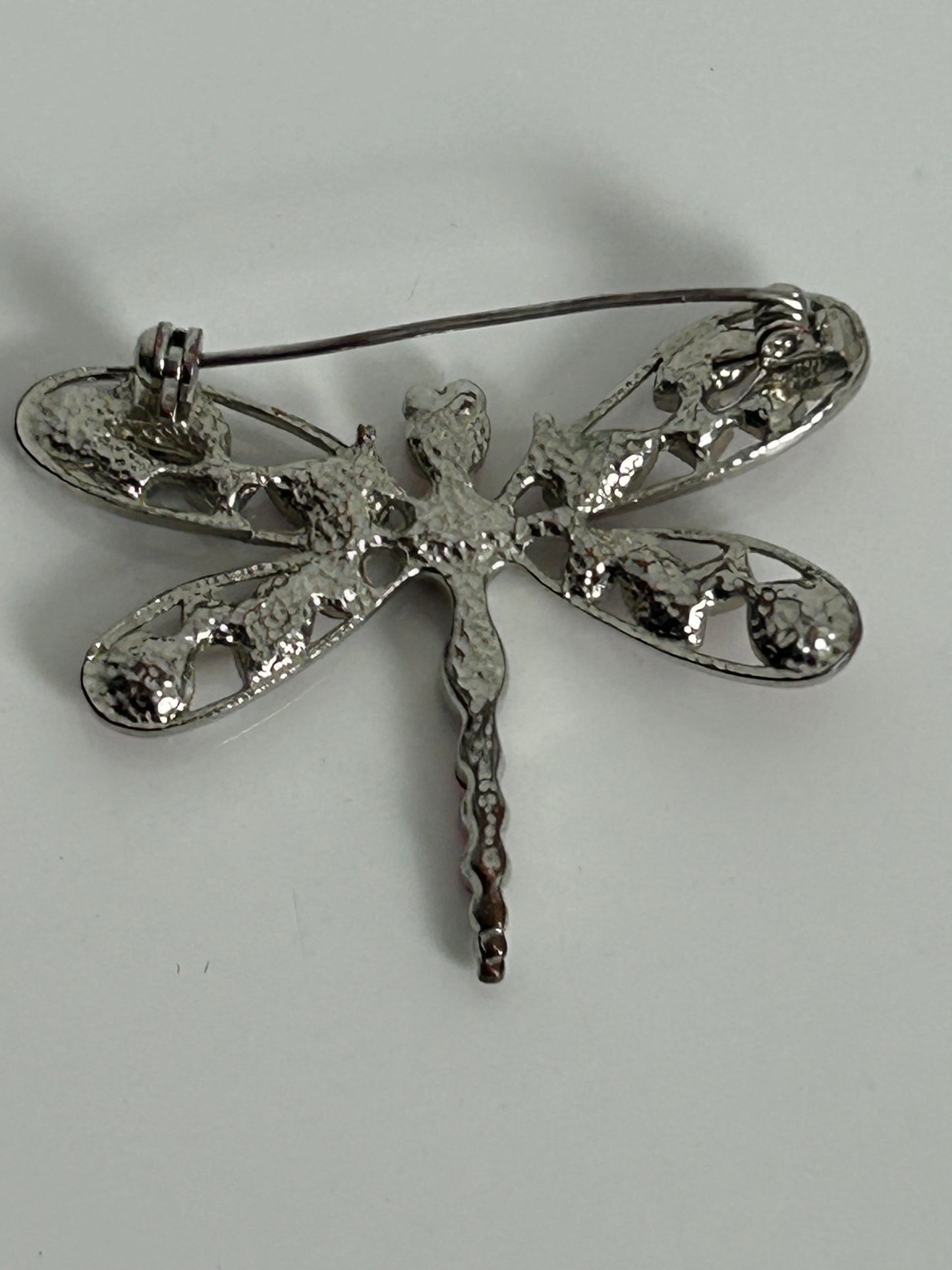Vintage 1980s Silver Tone & Pink Diamante Rhinestone Dragonfly Brooch